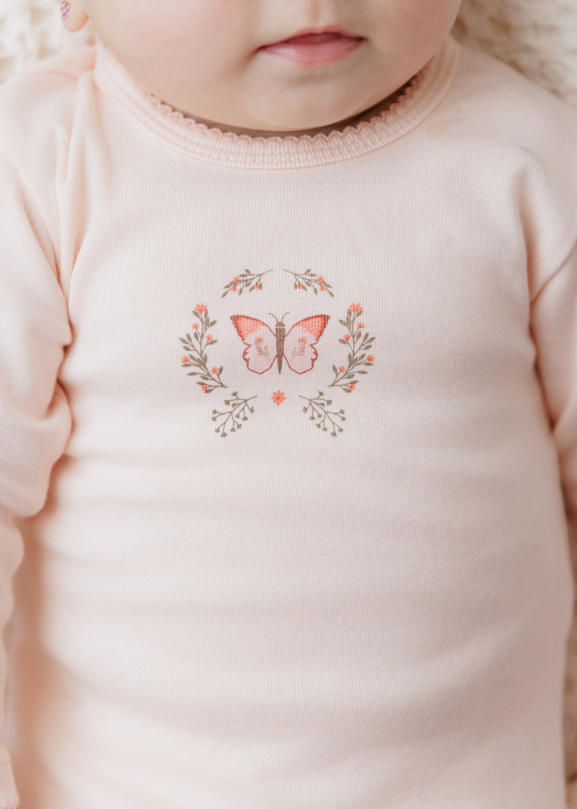 Soft pink Cotton Baby Footie – Garden Floral Center closeup