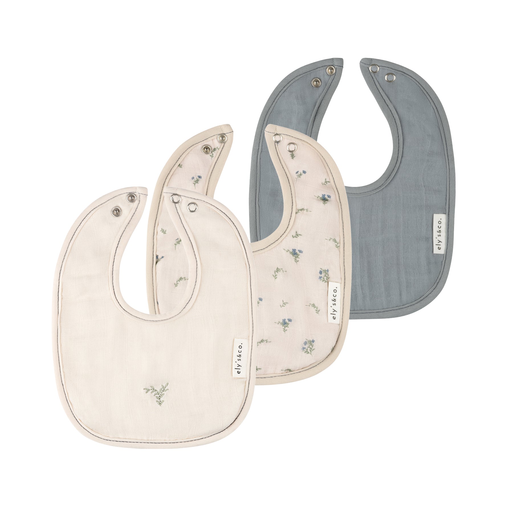 3 Pack Muslin Terry Bibs - Tan/Blue Gingko