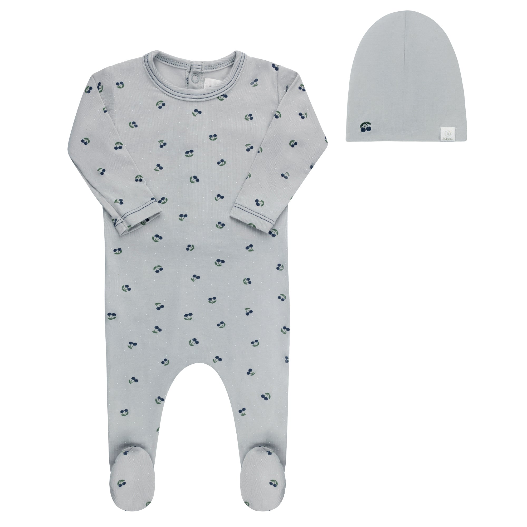 Blue cherry print collection footie and beanie
