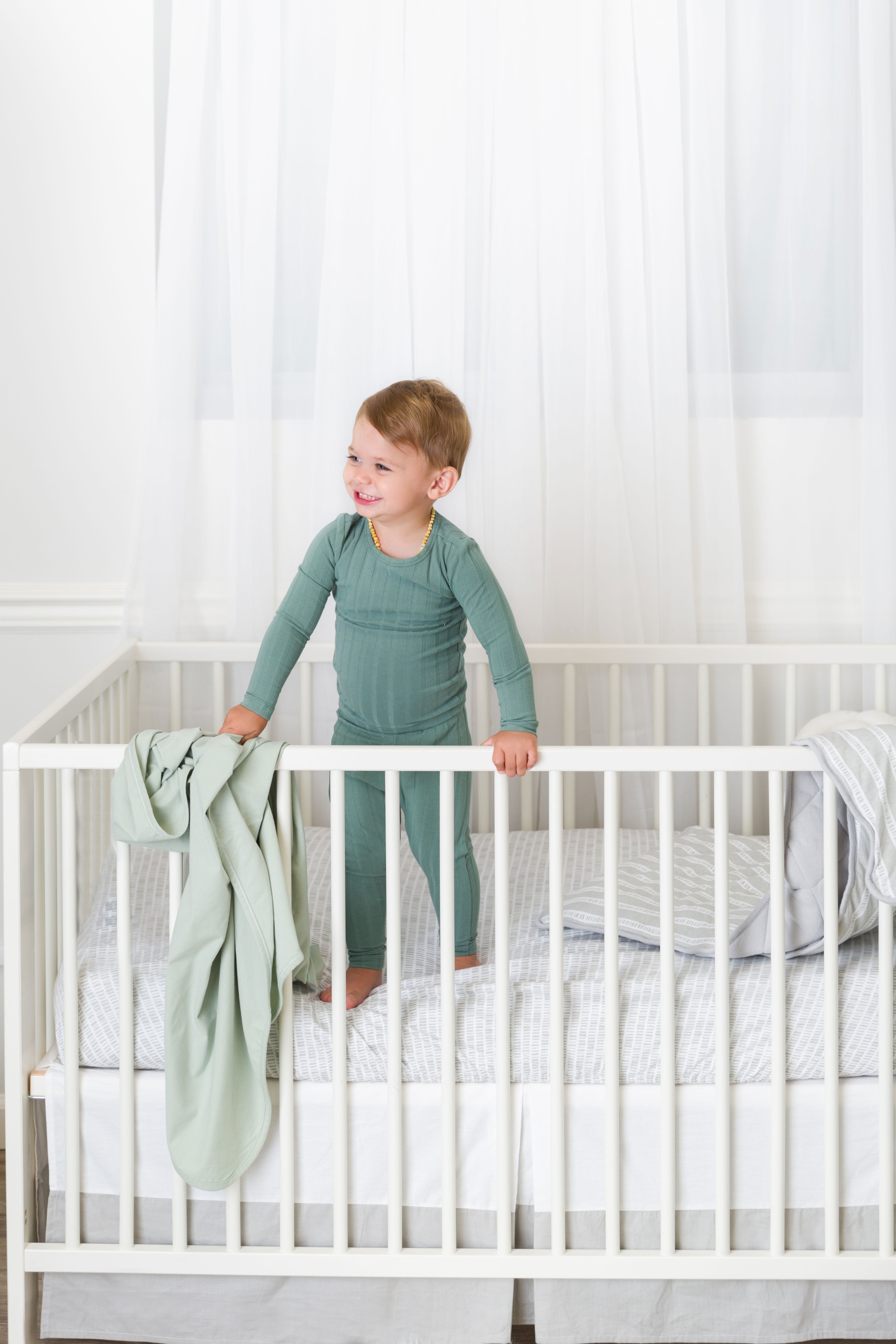 Grey Bamboo Baby Crib Sheet Blanket Skirt