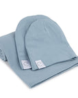 Jersey Knit Dusty Blue Cotton Swaddle Blanket and Beanie Gift Set