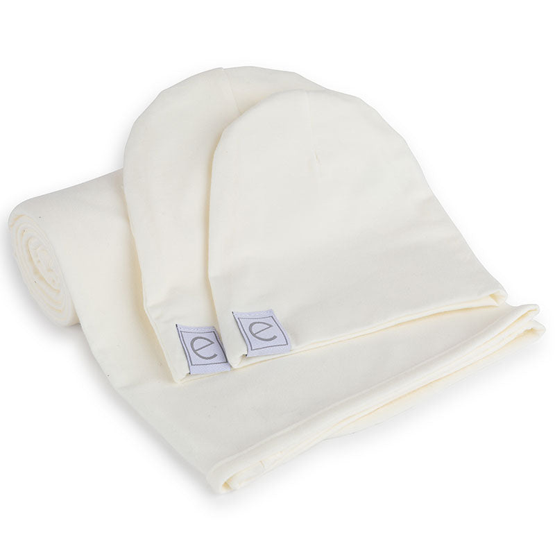 Jersey Knit Ivory Cotton Swaddle Blanket and Beanie Gift Set
