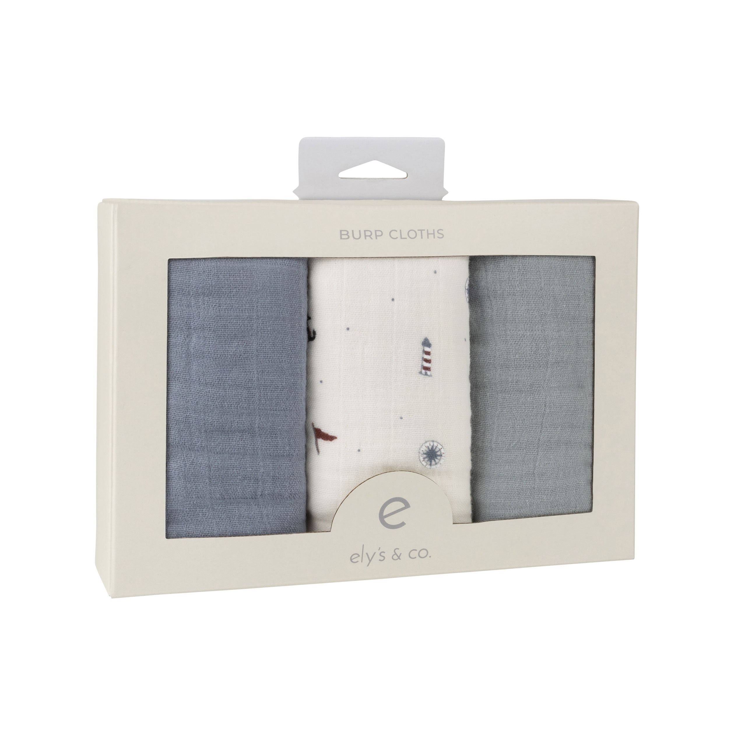 blue nautical Muslin Burp Cloth packaged