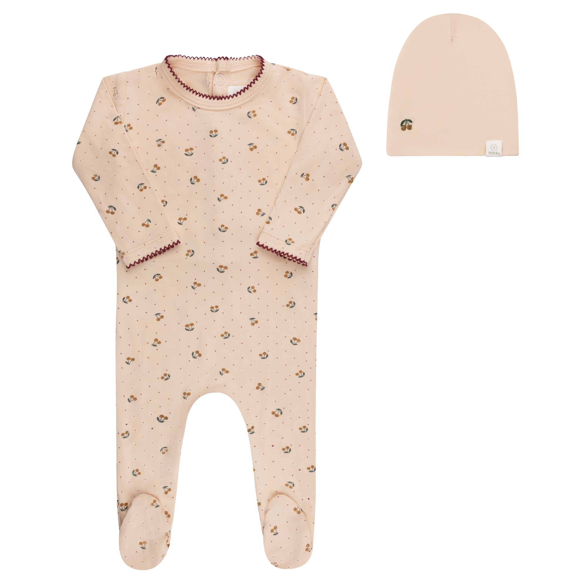 Pink cherry print collection footie and beanie