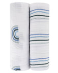 2 Pack Dusty Blue Rainbow Cotton Muslin Swaddle Blanket