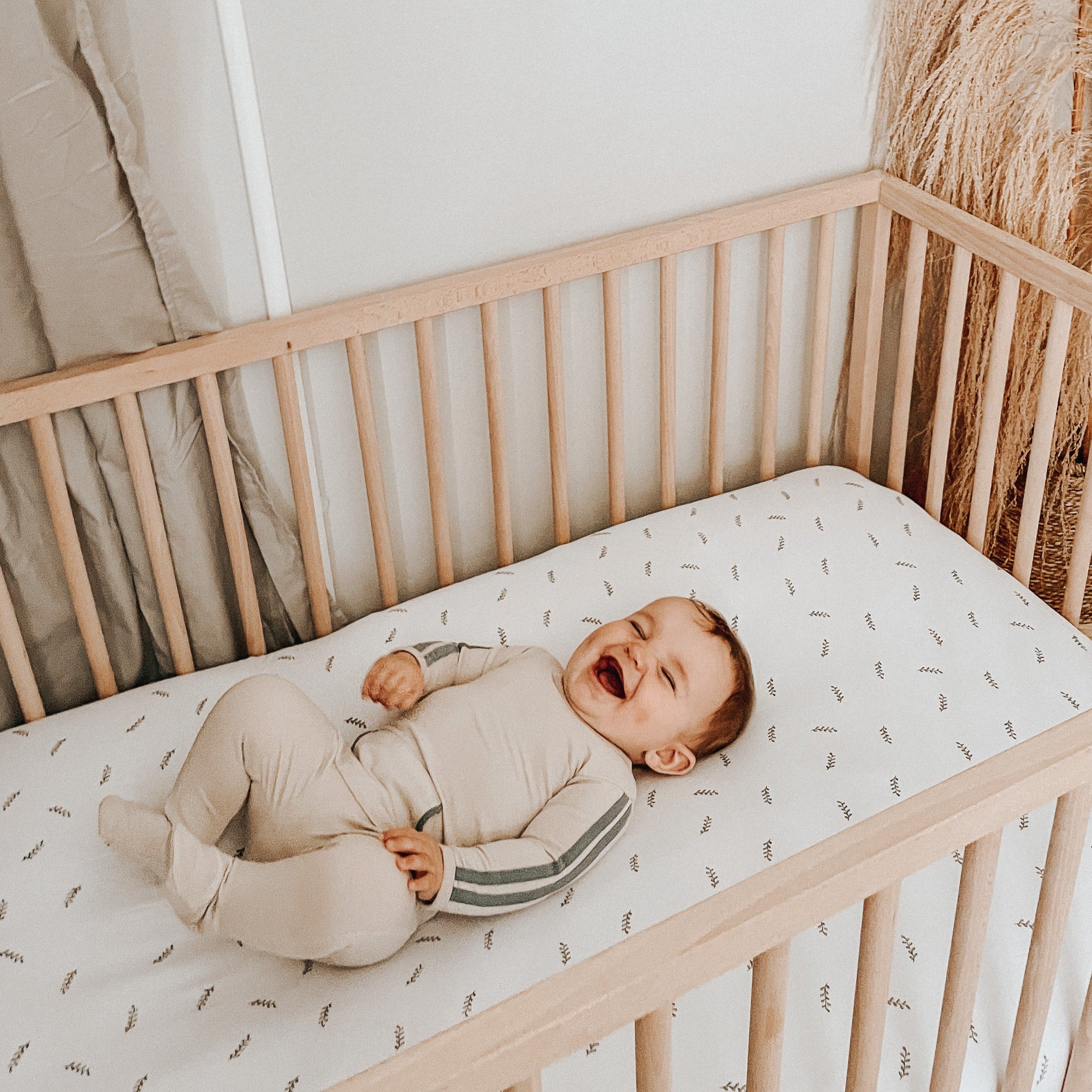 Hypoallergenic crib sheet set forest grey leaf print