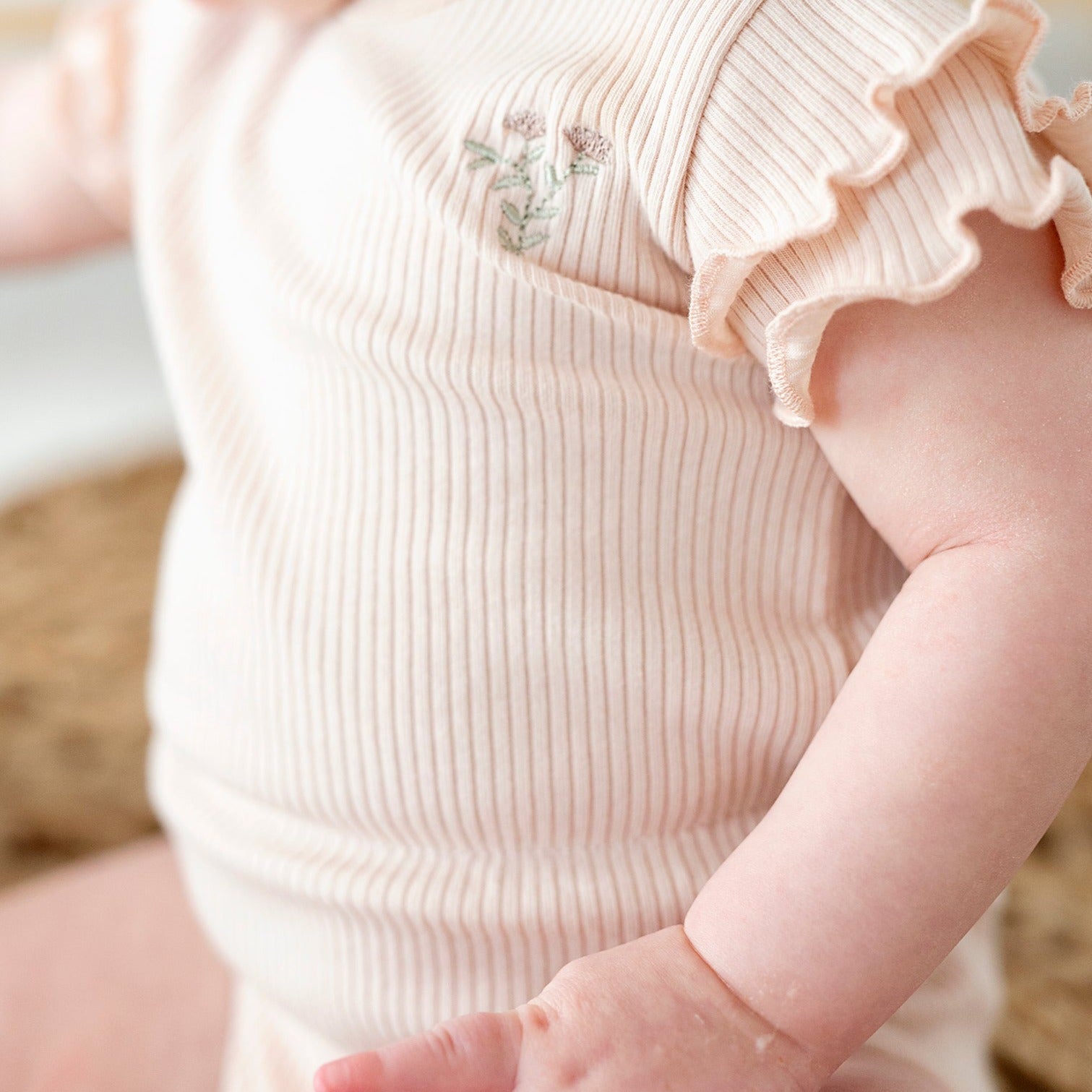 Ribbed Cotton - Embroidered Ginkgo Collection - Ruffle Romper