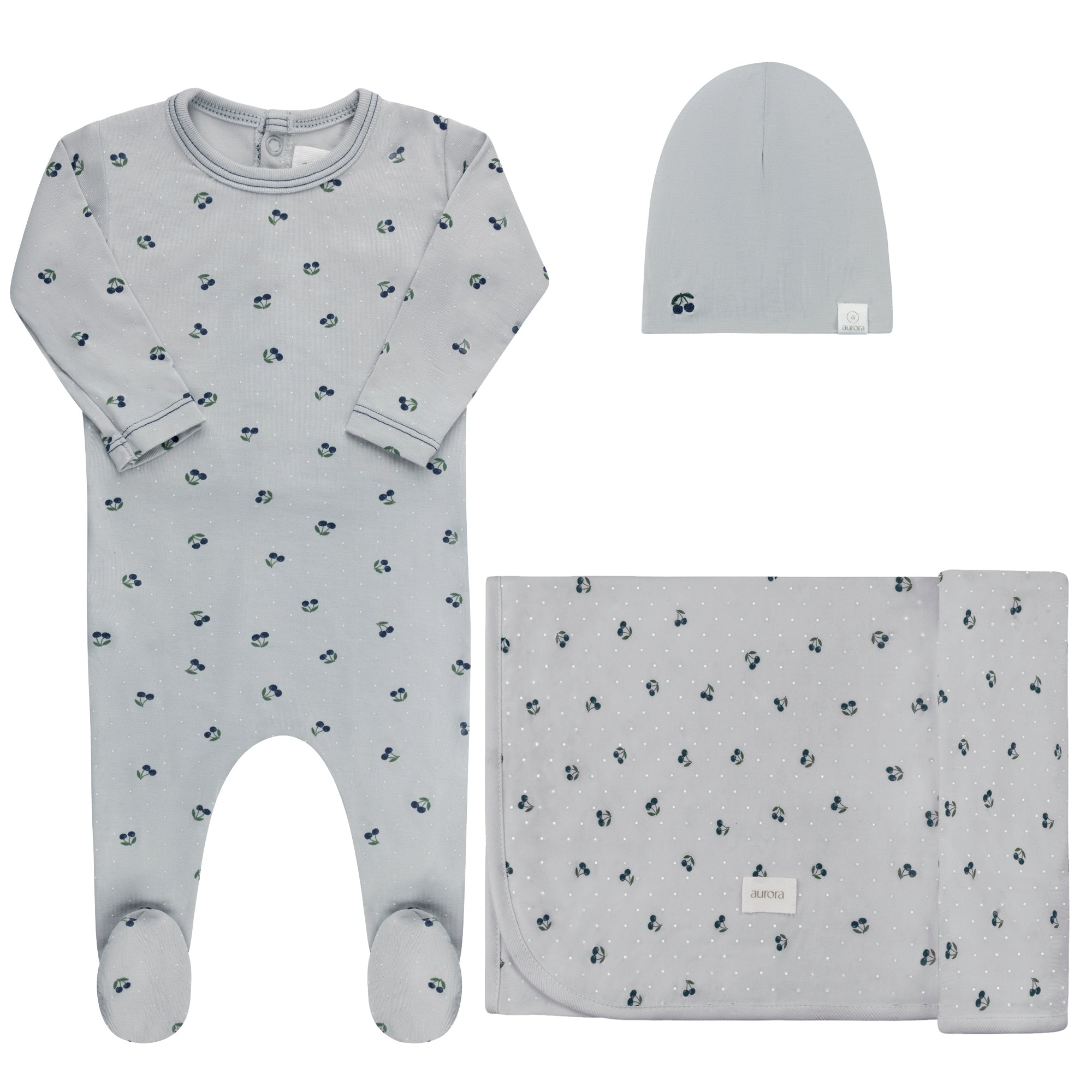 Blue Take Me Home cherry print baby outfit set