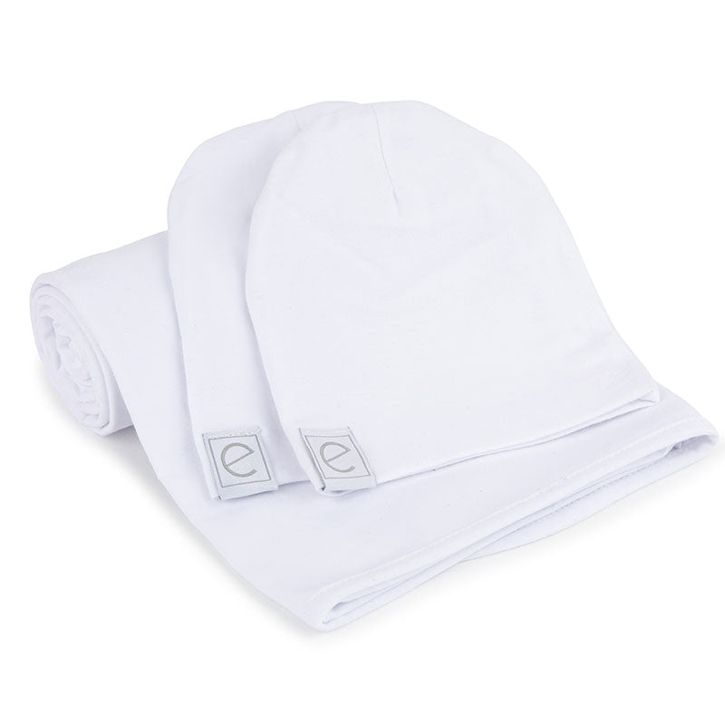 Jersey Knit White Cotton Swaddle Blanket and Beanie Gift Set