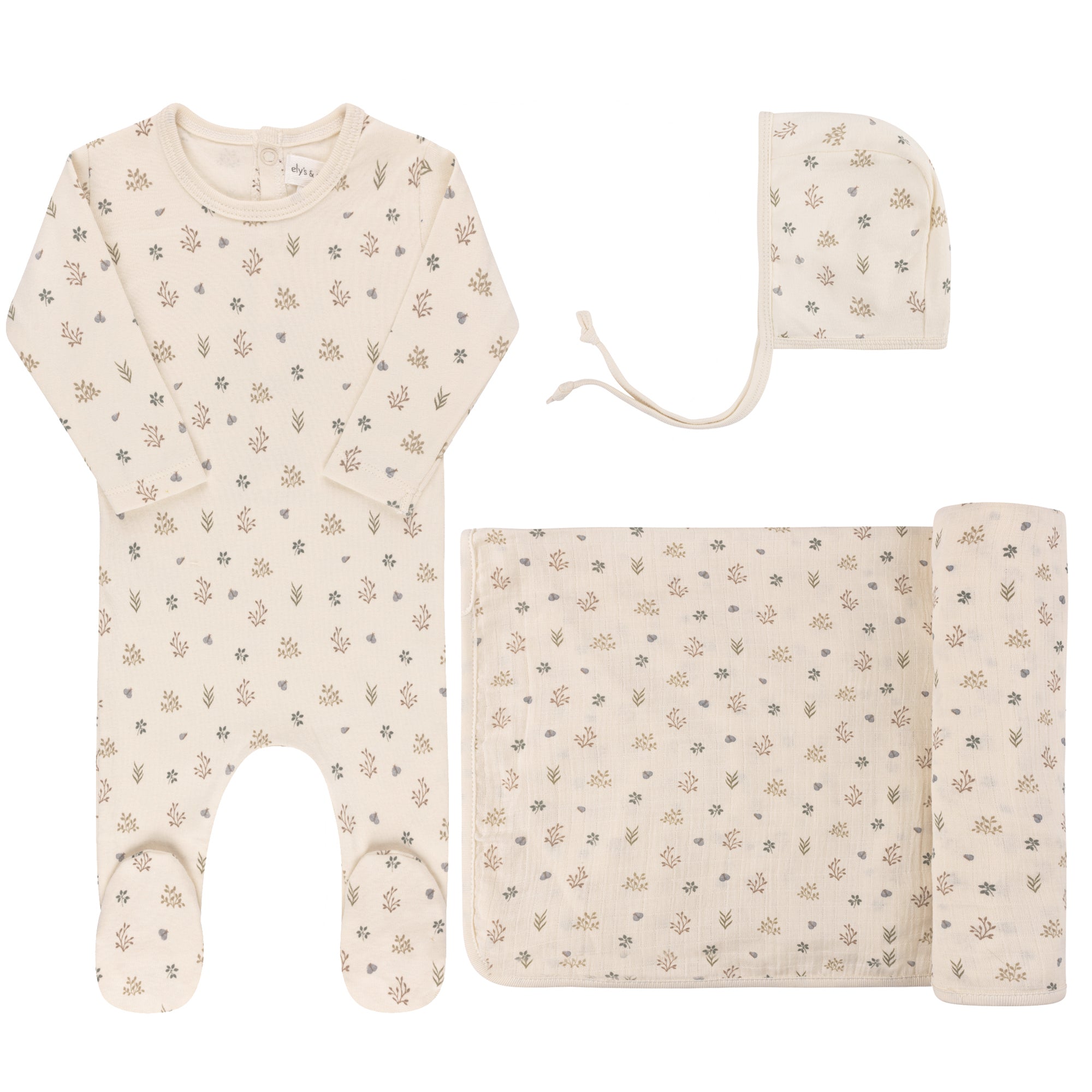 Ely's & Co Organic Embroidered Collar Collection 3PC Layette Set - Ivory Leaf Ely's & Co Organic Embroidered Collar Collection 3PC Layette Set - Ivory Leaf