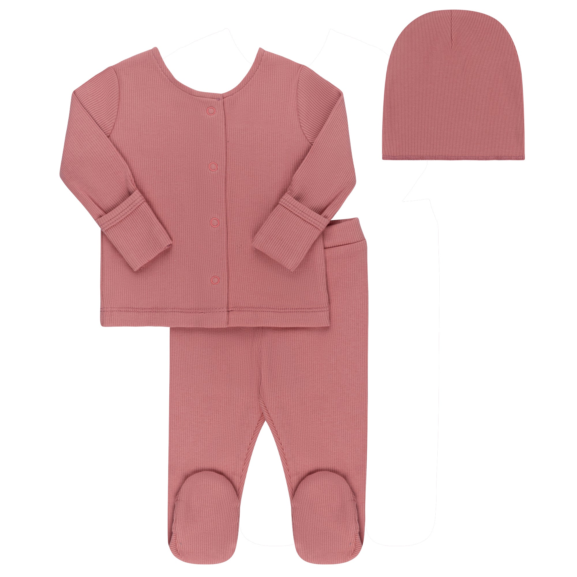 Ribbed Cardigan Set  - 2Pc Footed Baby Set + Beanie