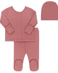 Ribbed Cardigan Set  - 2Pc Footed Baby Set + Beanie