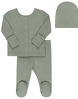 Ribbed Cardigan Set  - 2Pc Footed Baby Set + Beanie