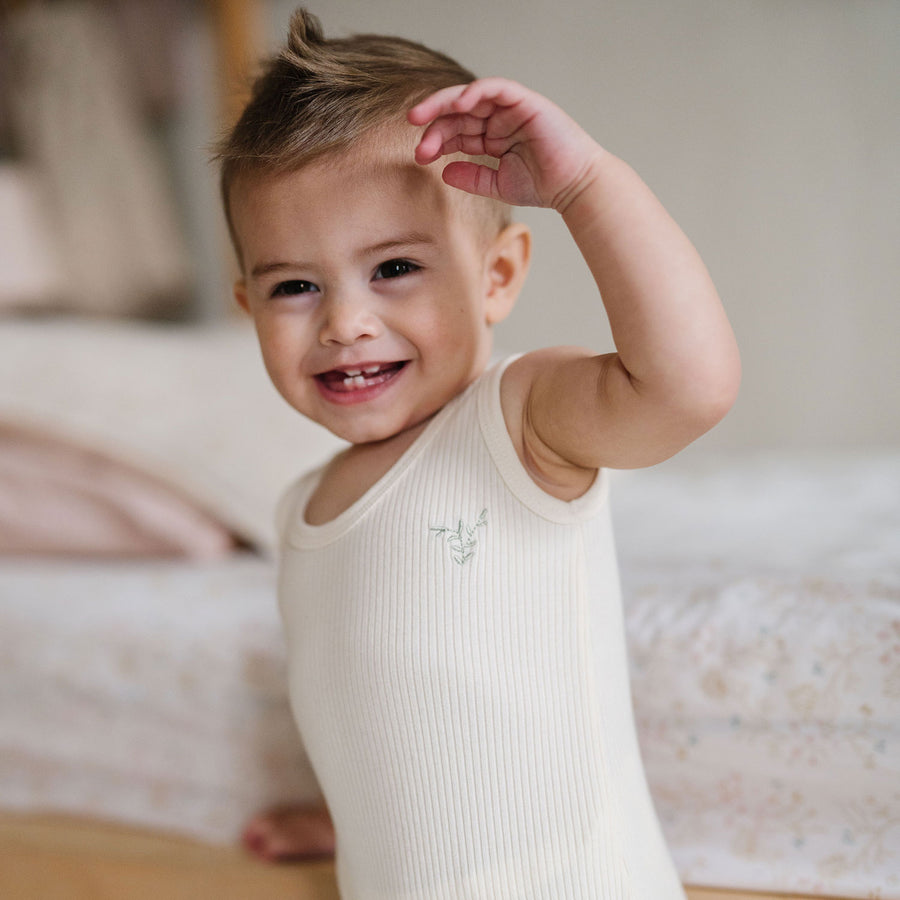 Ribbed Cotton - Embroidered Ginkgo Collection - Ruffle Romper