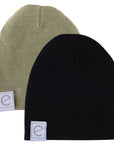 2 Pack Jersey Cotton Beanie Hat Set - Khaki & Black