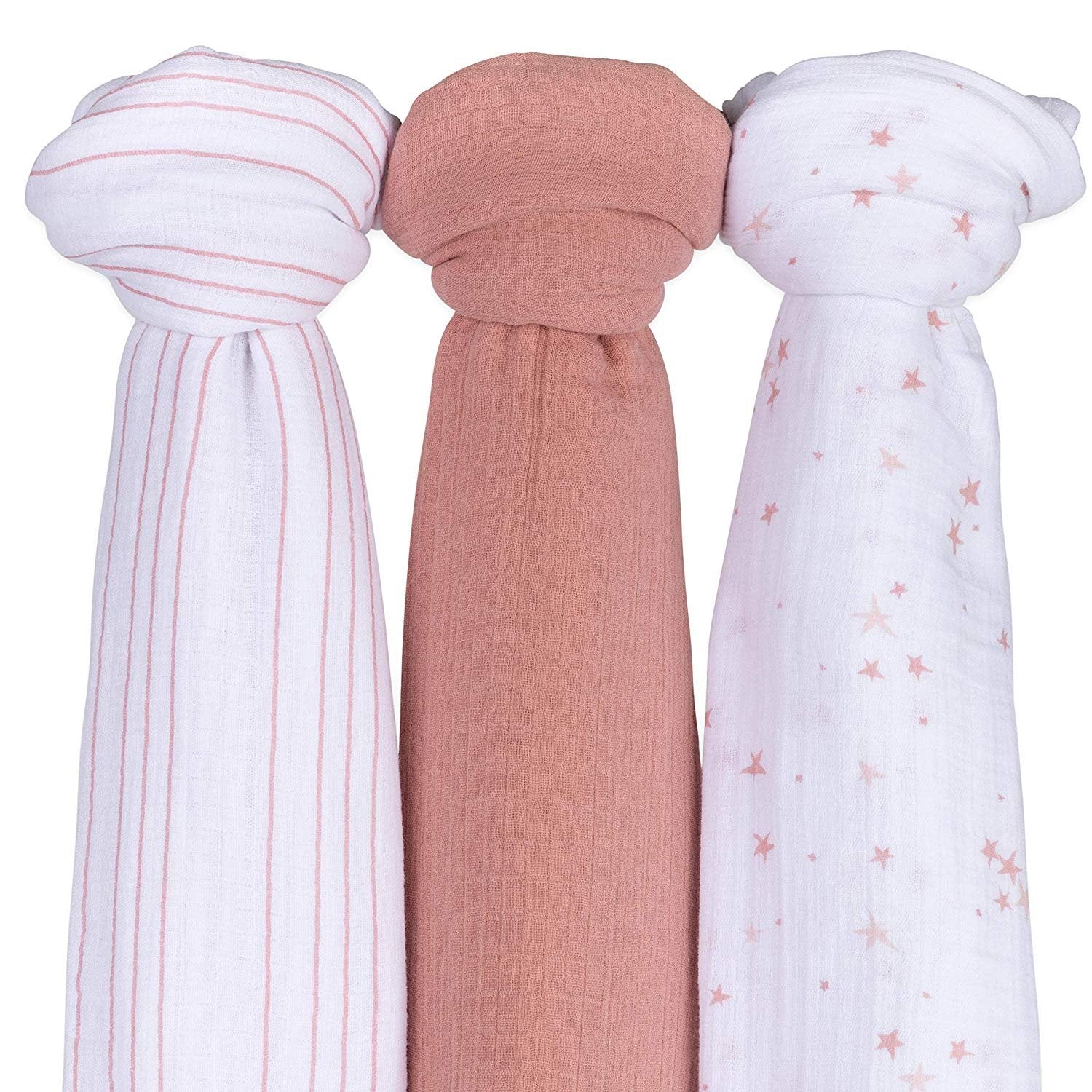 3 Pack Cotton Muslin Swaddle Blanket - Dusty Rose Stars