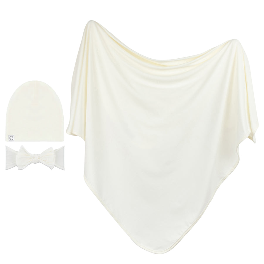 Jersey Knit Cotton Swaddle Blanket, Beanie & Headband Gift Set