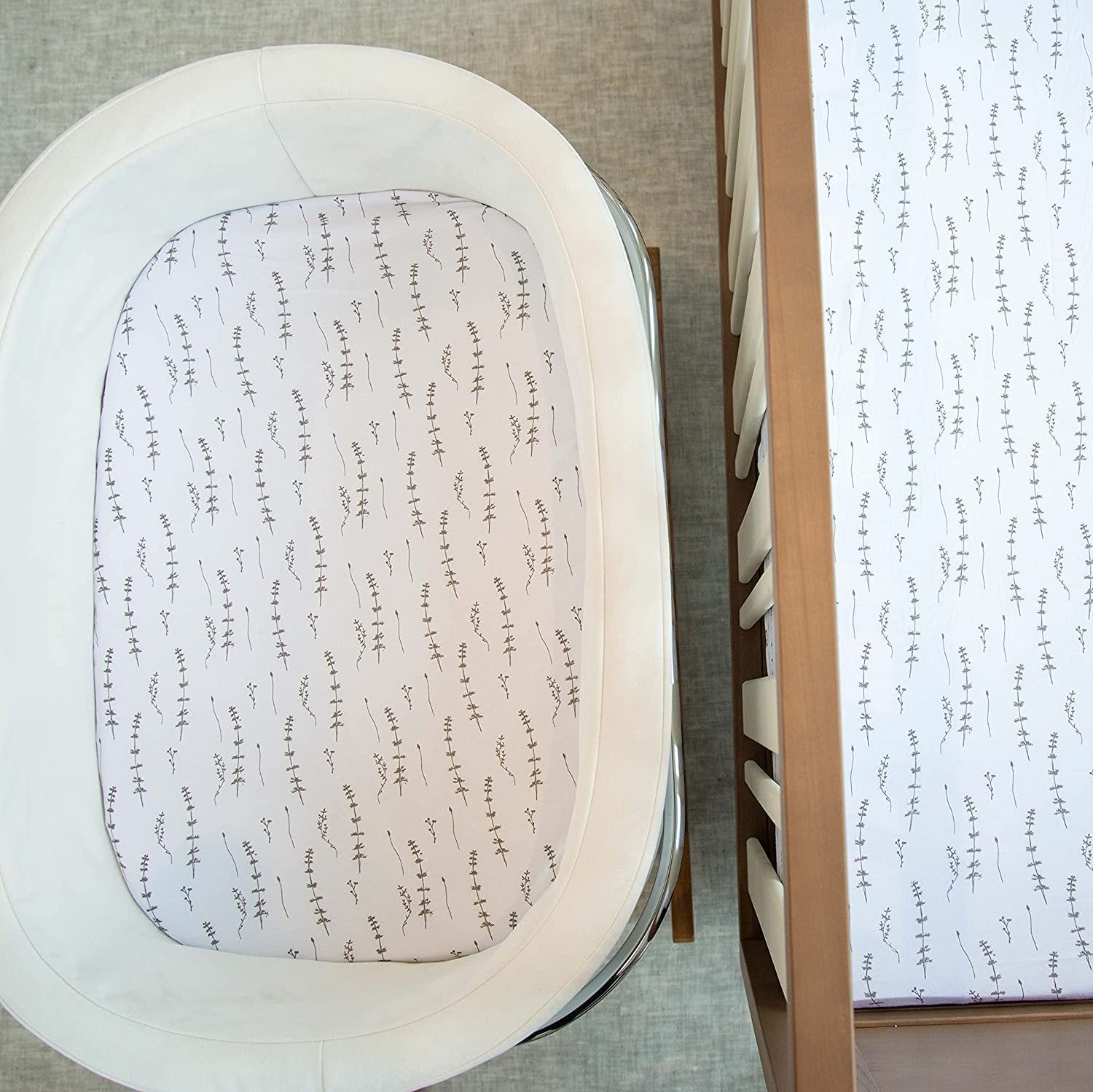 Fitted hypoallergenic forest grey leaf printed baby bassinet crib sheet